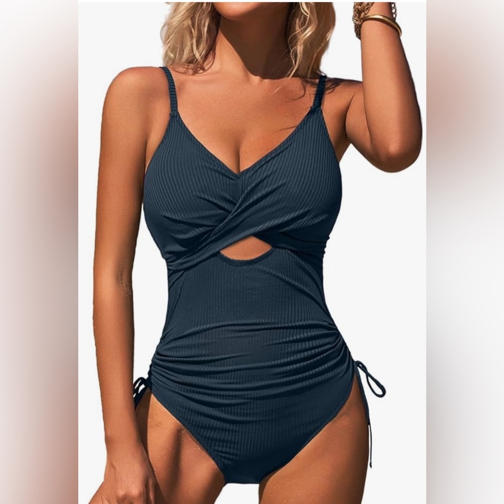 NWT SOCIALA Ribbed One Piece Swimsuit Women Tie Side High Cut Bathing Suit